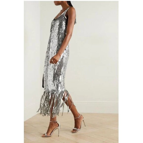 SIMKHAI Ayala Gown Silver Sequin Fringe Dress NWT  - Size 2 - Picture 15 of 16